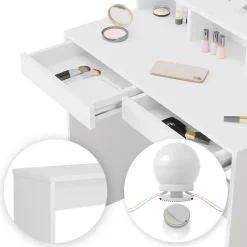 Schminktisch Ania Weiß 80 cm mit LED Beleuchtung und Bank Vicco