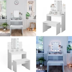 Schminktisch Ania Weiß 80 cm mit LED Beleuchtung und Bank Vicco