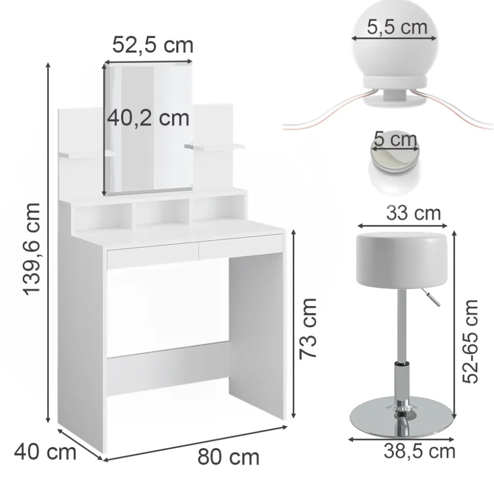 Schminktisch Ania Weiß 80 cm mit LED Beleuchtung und Hocker Vicco