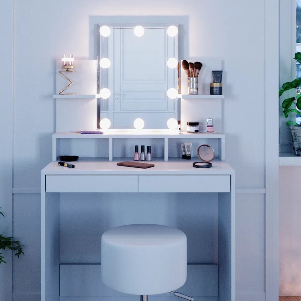 Schminktisch Ania Weiß 80 cm mit LED Beleuchtung und Hocker Vicco