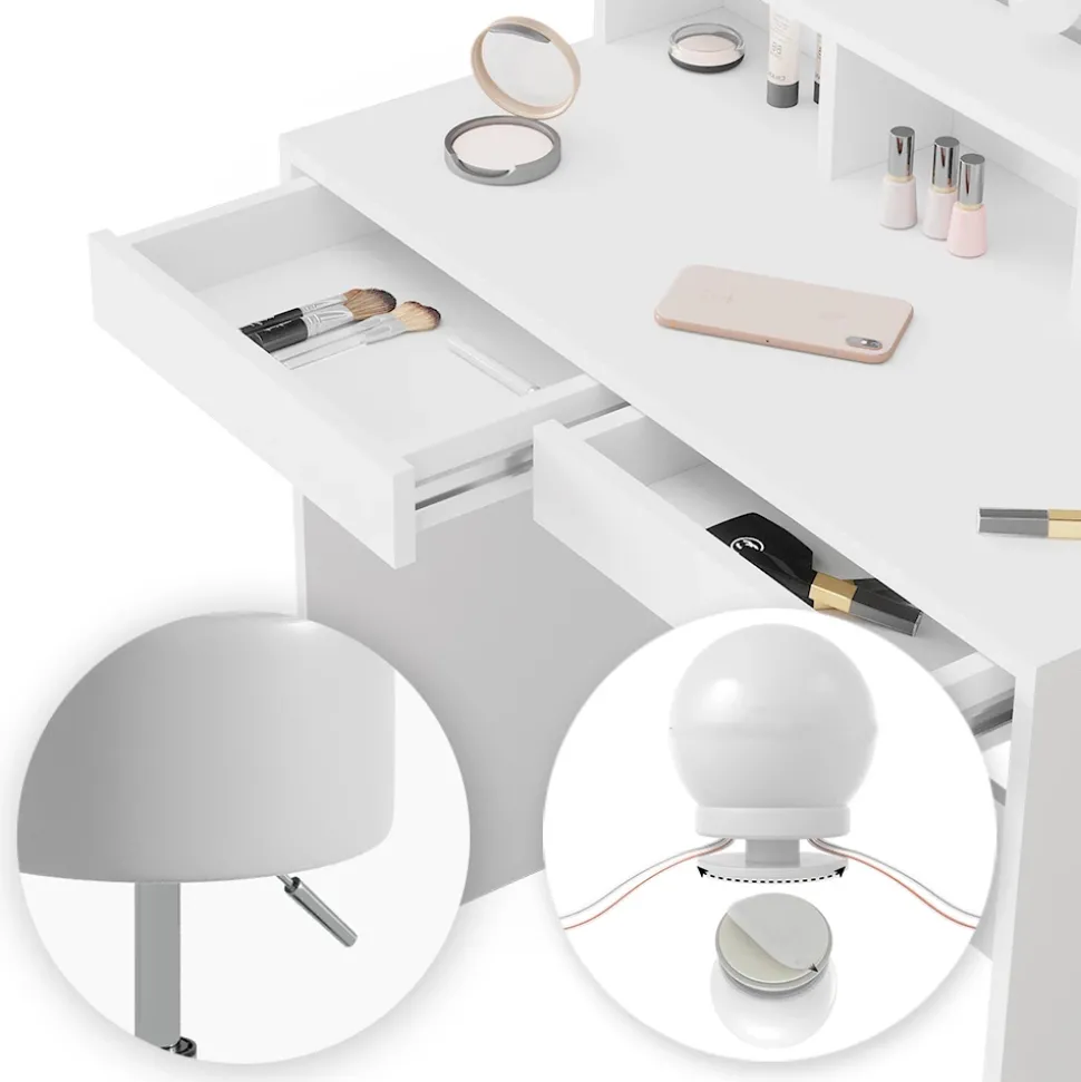 Schminktisch Ania Weiß 80 cm mit LED Beleuchtung und Hocker Vicco