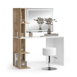 Schminktisch Tower Weiß/Sonoma 122.2 cm mit LED-Spiegel und Hocker Vicco