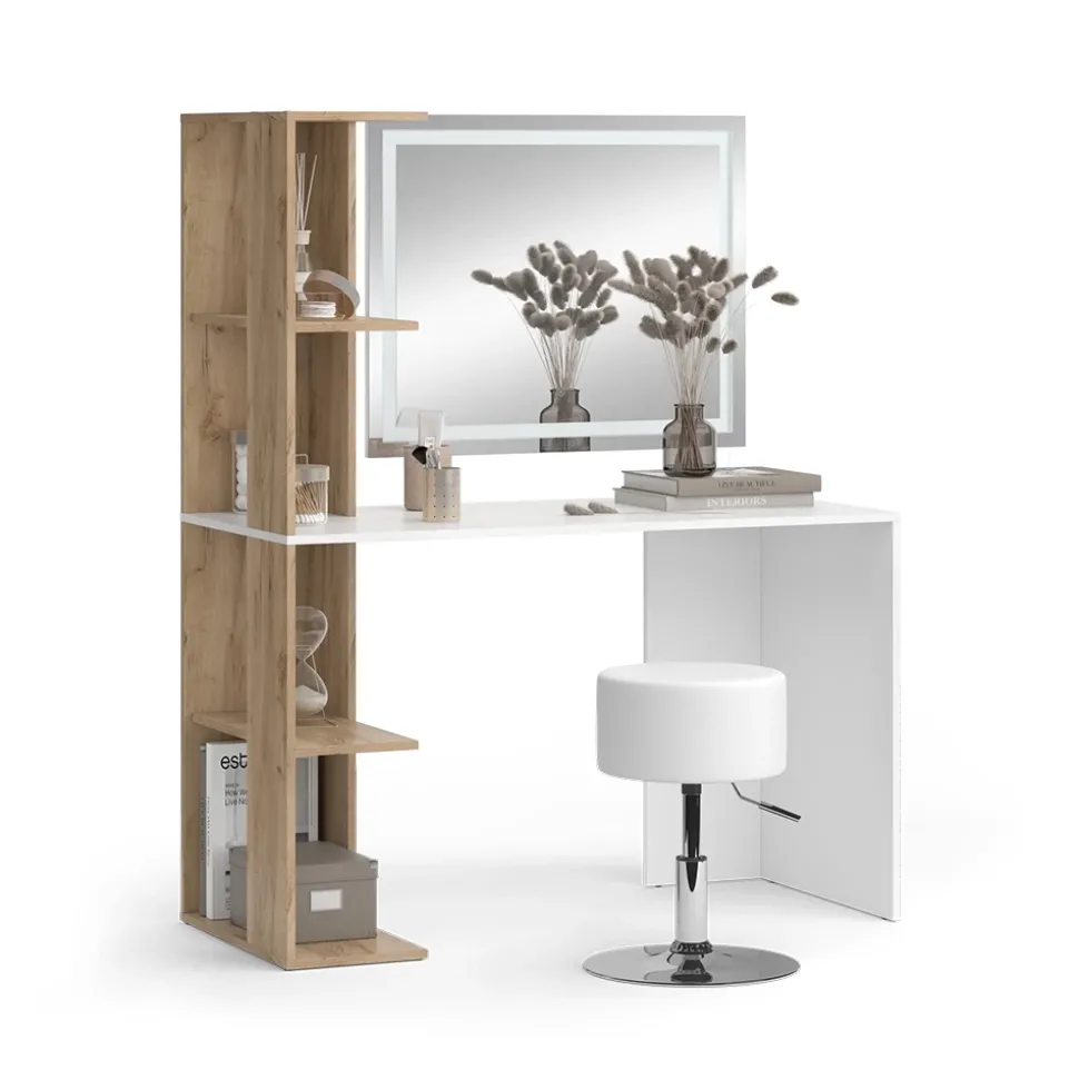 Schminktisch Tower Weiß/Sonoma 122.2 cm mit LED-Spiegel und Hocker Vicco