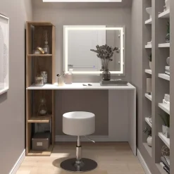 Schminktisch Tower Weiß/Sonoma 122.2 cm mit LED-Spiegel und Hocker Vicco