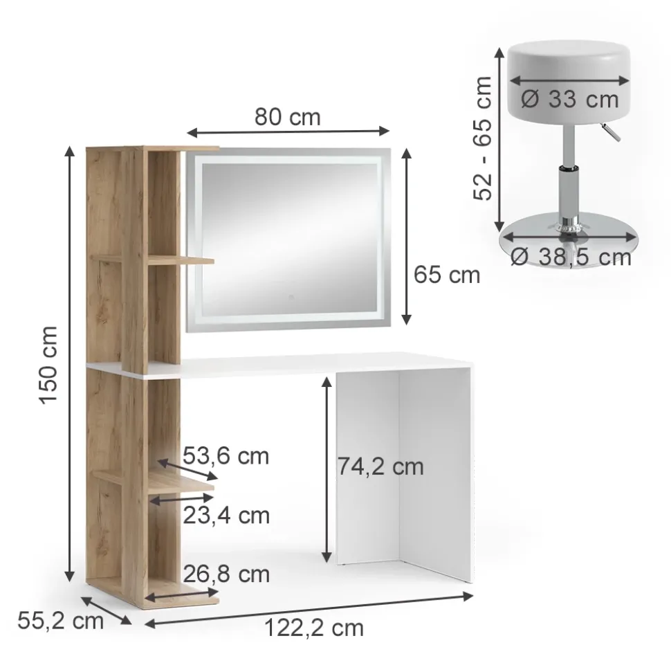 Schminktisch Tower Weiß/Sonoma 122.2 cm mit LED-Spiegel und Hocker Vicco