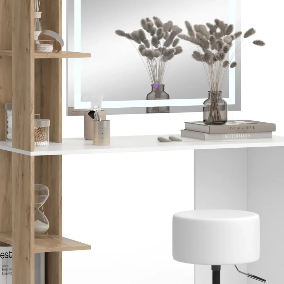 Schminktisch Tower Weiß/Sonoma 122.2 cm mit LED-Spiegel und Hocker Vicco