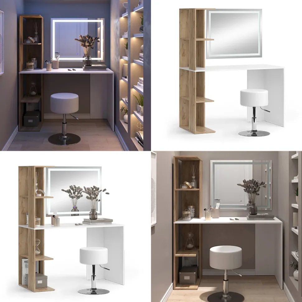 Schminktisch Tower Weiß/Sonoma 122.2 cm mit LED-Spiegel und Hocker Vicco