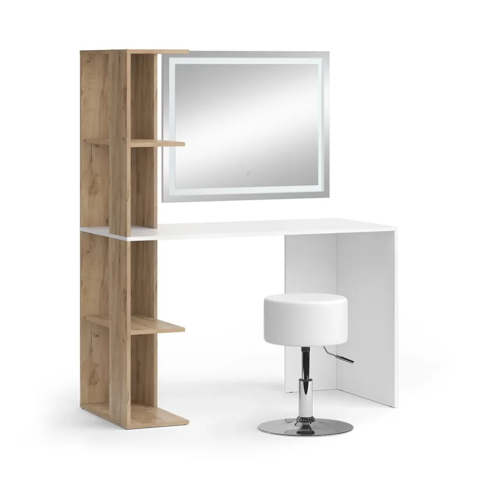 Schminktisch Tower Weiß/Sonoma 122.2 cm mit LED-Spiegel und Hocker Vicco