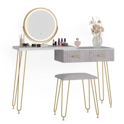 Schminktisch Zoey Grau 120 cm mit LED Beleuchtung und Hocker Vicco