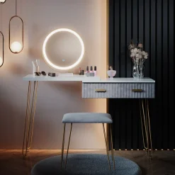 Schminktisch Zoey Grau 120 cm mit LED Beleuchtung und Hocker Vicco