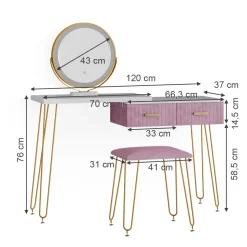 Schminktisch Zoey Rosa 120 cm mit LED Beleuchtung und Hocker Vicco