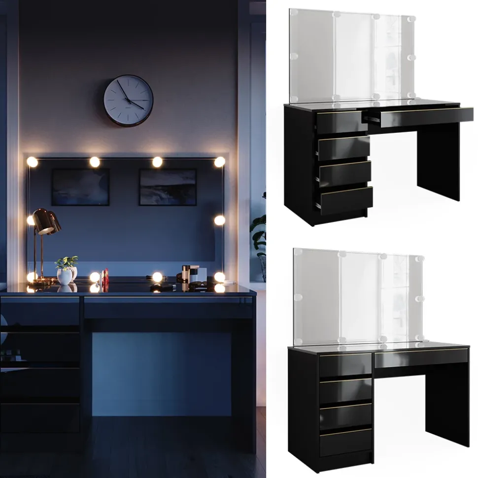 Schminktisch-Set Sherry Schwarz/Gold 120 cm mit LED Beleuchtung Vicco