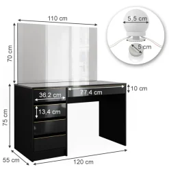 Schminktisch-Set Sherry Schwarz/Gold 120 cm mit LED Beleuchtung Vicco