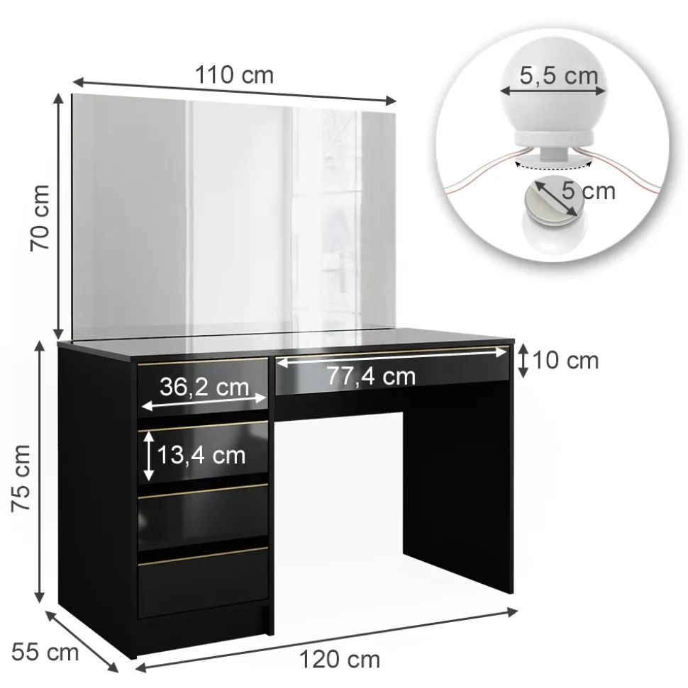 Schminktisch-Set Sherry Schwarz/Gold 120 cm mit LED Beleuchtung Vicco