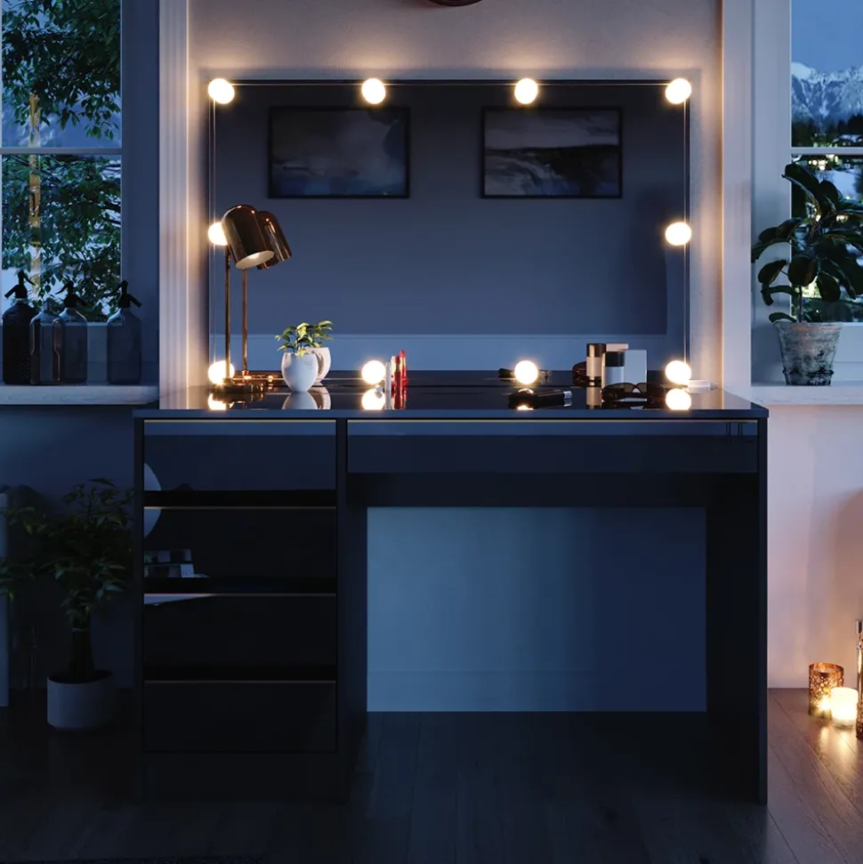 Schminktisch-Set Sherry Schwarz/Gold 120 cm mit LED Beleuchtung Vicco