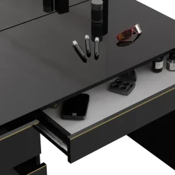 Schminktisch-Set Sherry Schwarz/Gold 120 cm mit LED Beleuchtung Vicco