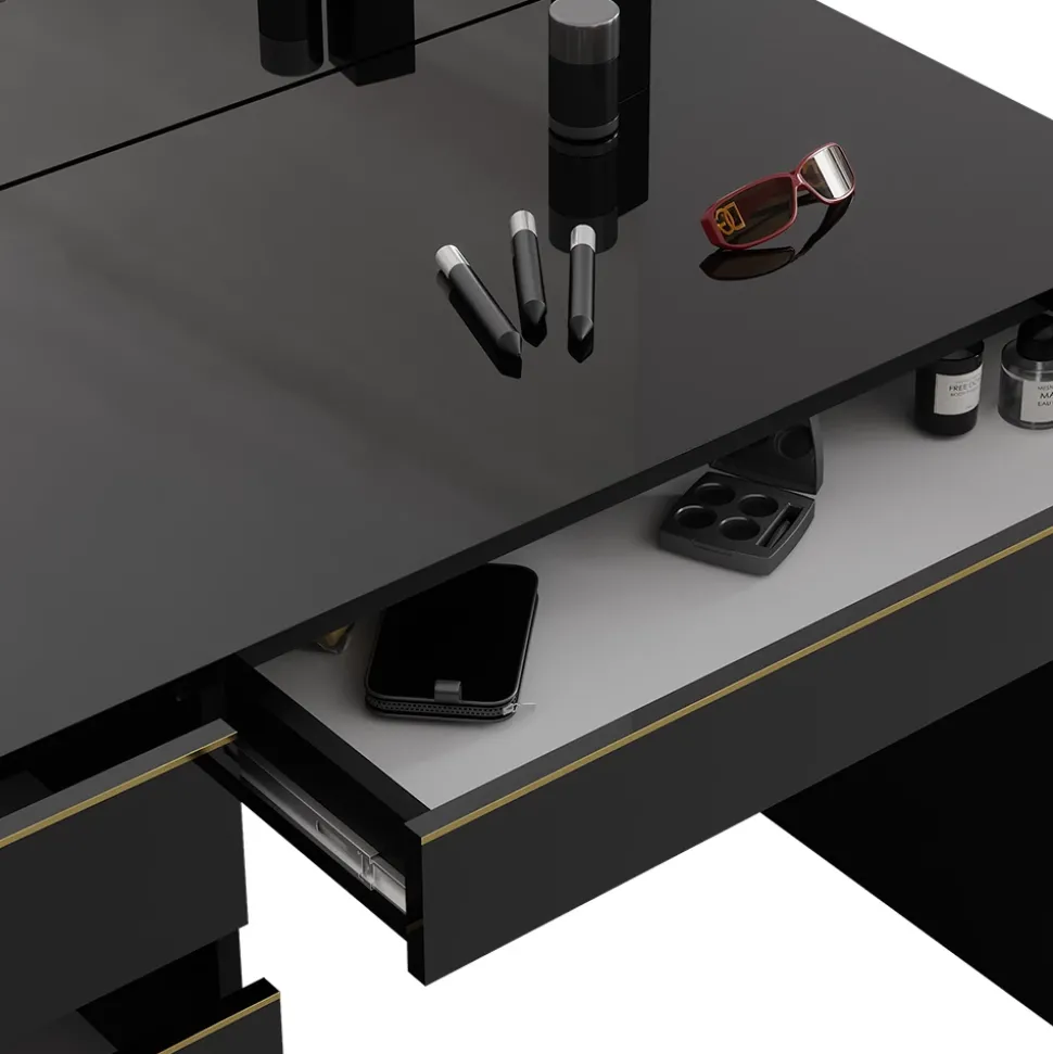 Schminktisch-Set Sherry Schwarz/Gold 120 cm mit LED Beleuchtung Vicco