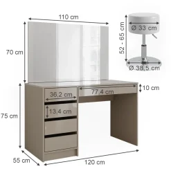 Schminktisch-Set Sherry Greige 120 cm mit Hocker Vicco