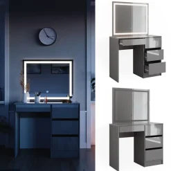 Schminktisch-Set Sherry Grau Hochglanz 90 cm mit LED-Spiegel Vicco