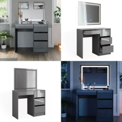 Schminktisch-Set Sherry Grau Hochglanz 90 cm mit LED-Spiegel Vicco