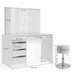 Schminktisch-Set Sherry Weiß 120 cm mit Hocker Vicco