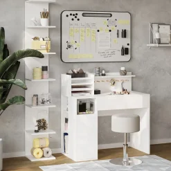 Schreibtisch Weiß 3 Teile, mit Bücherregal und Hocker Vicco