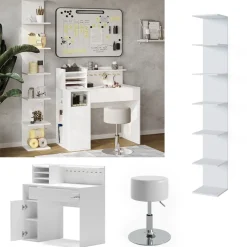 Schreibtisch Weiß 3 Teile, mit Bücherregal und Hocker Vicco