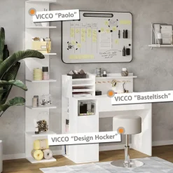 Schreibtisch Weiß 2 Teile, mit Hocker Vicco