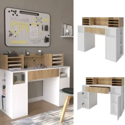 Schreibtisch Weiß/Sonoma 126.8 x 50 cm XL mit Regale Vicco