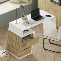 Schreibtisch Okaro Weiß/Eiche 105 x 50 cm mit 3 Schubladen Vicco