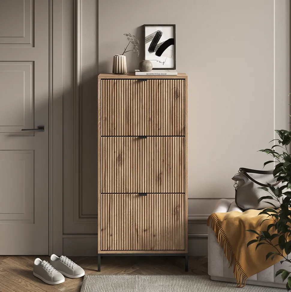 Schuhkipper Eliza Viking Oak 60 x 130 cm mit 3 Klappschubladen Vicco