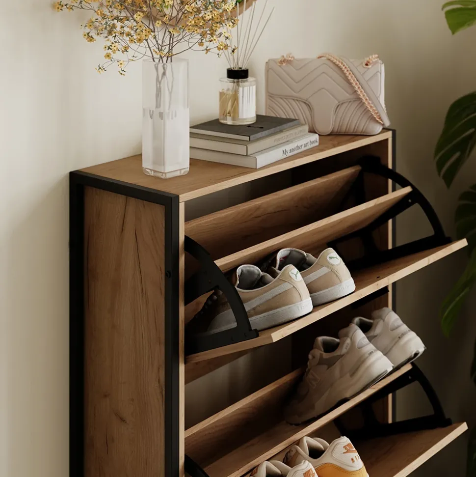 Schuhkipper Folda Goldkraft Eiche/Schwarz 63 x 83 cm mit 2 Kippfächern Vicco