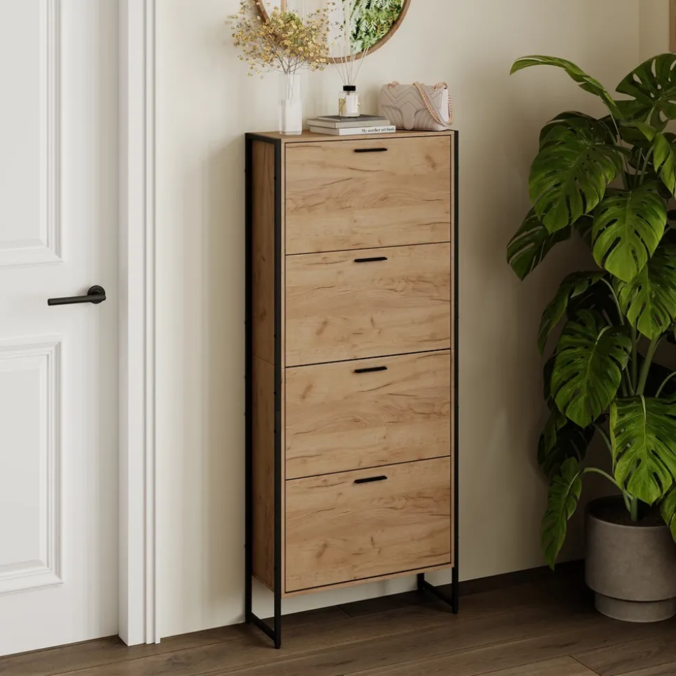 Schuhkipper Folda Goldkraft Eiche/Schwarz 63 x 152.5 cm mit 4 Kippfächern Vicco