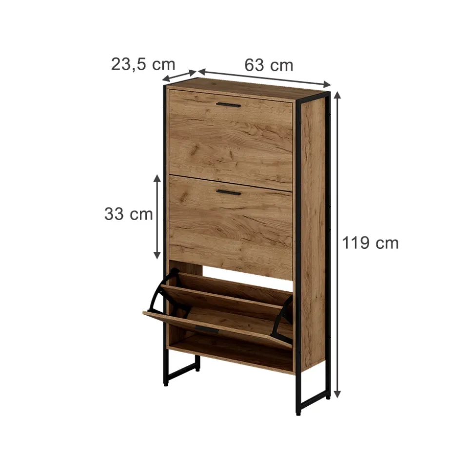 Schuhkipper Folda Goldkraft Eiche/Schwarz 63 x 119 cm mit 3 Kippfächern Vicco