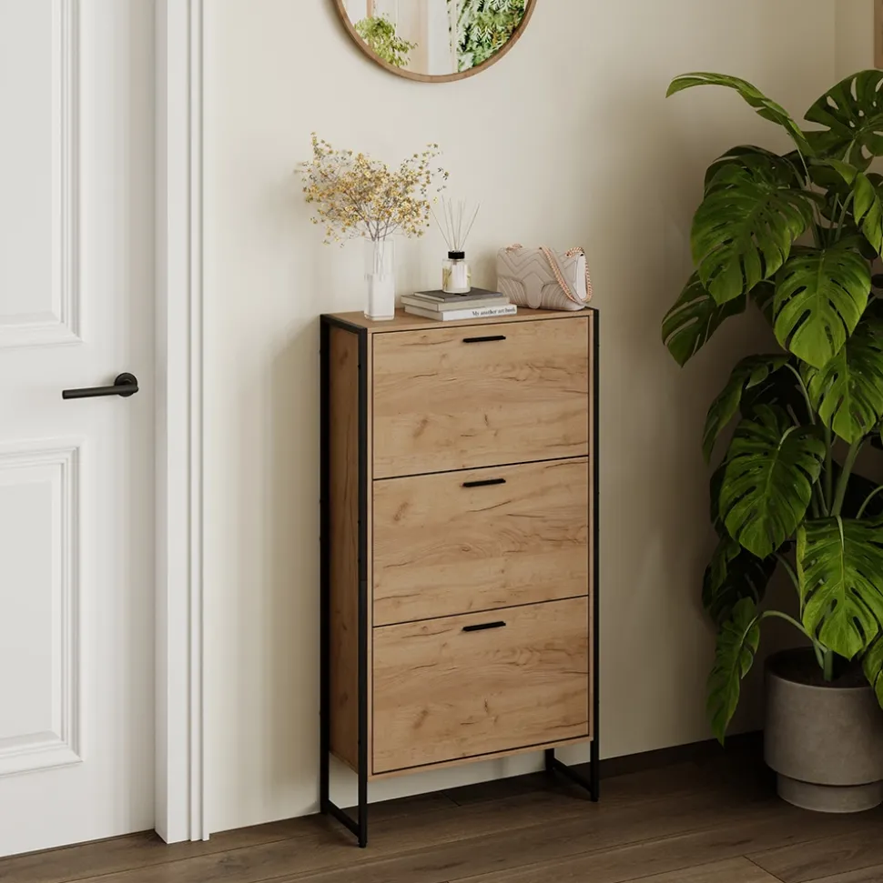 Schuhkipper Folda Goldkraft Eiche/Schwarz 63 x 119 cm mit 3 Kippfächern Vicco