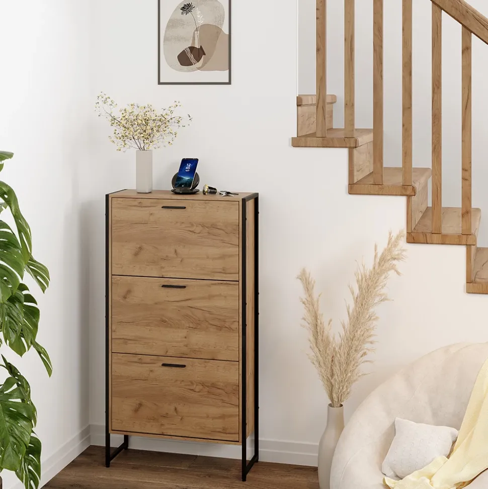 Schuhkipper Folda Goldkraft Eiche/Schwarz 63 x 119 cm mit 3 Kippfächern Vicco