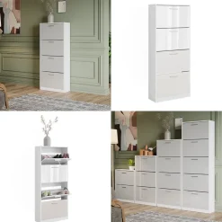 Schuhkipper Gizmo Weiß/Weiß Hochglanz 59 x 137 cm mit 4 Fächern Vicco