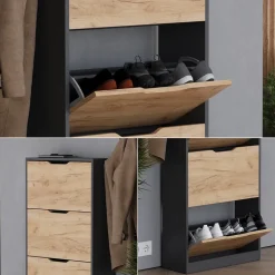 Schuhkipper Luca Anthrazit/Goldkraft Eiche 59 x 137 cm mit 4 Fächern Vicco