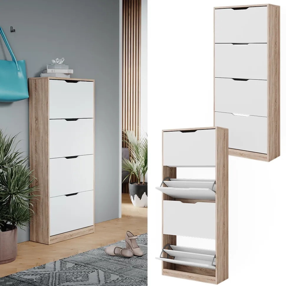 Schuhkipper Luca Sonoma/Weiß 59 x 137 cm mit 4 Klappschubladen Vicco