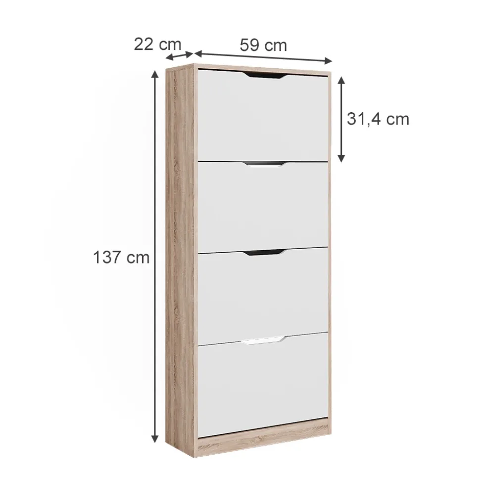 Schuhkipper Luca Sonoma/Weiß 59 x 137 cm mit 4 Klappschubladen Vicco