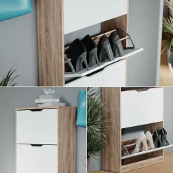 Schuhkipper Luca Sonoma/Weiß 59 x 137 cm mit 4 Klappschubladen Vicco