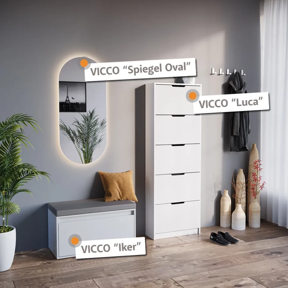 Schuhkipper Luca Weiß 3 Teile, mit LED Spiegel und Sitzbank Vicco