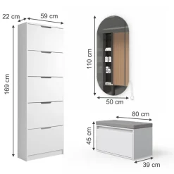 Schuhkipper Luca Weiß 3 Teile, mit LED Spiegel und Sitzbank Vicco