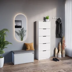 Schuhkipper Luca Weiß 3 Teile, mit LED Spiegel und Sitzbank Vicco