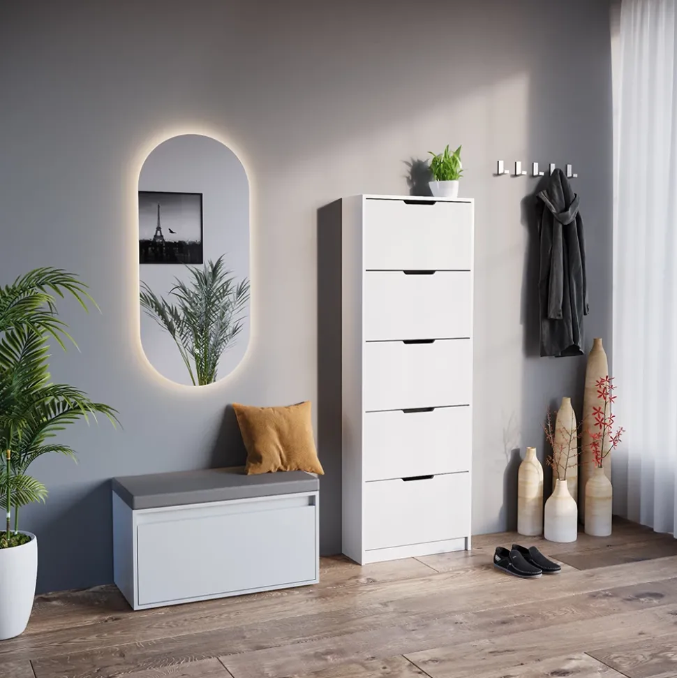 Schuhkipper Luca Weiß 3 Teile, mit LED Spiegel und Sitzbank Vicco