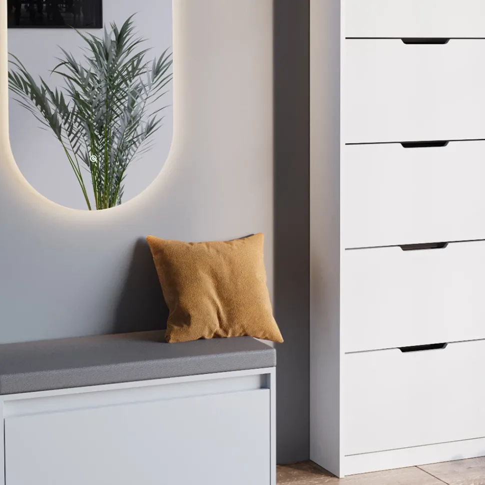 Schuhkipper Luca Weiß 3 Teile, mit LED Spiegel und Sitzbank Vicco