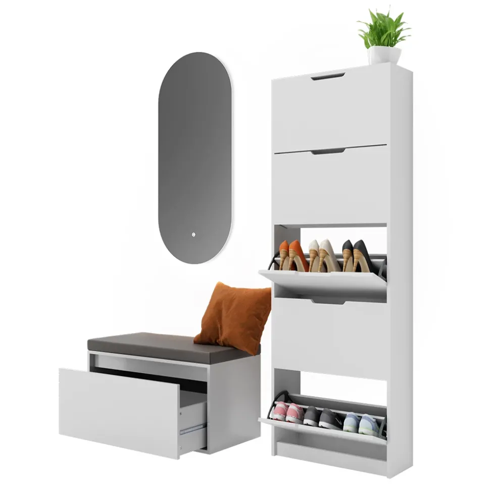 Schuhkipper Luca Weiß 3 Teile, mit LED Spiegel und Sitzbank Vicco