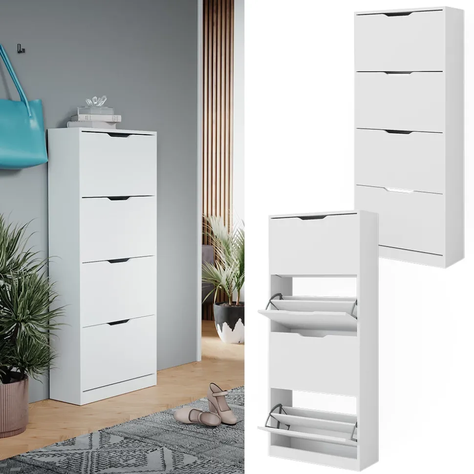 Schuhkipper Luca Weiß 59 x 137 cm mit 4 Klappschubladen Vicco