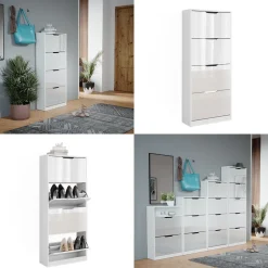 Schuhkipper Luca Weiß/Weiß Hochglanz 59 x 137 cm mit 4 Klappschubladen Vicco