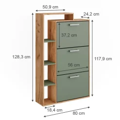 Schuhkipper Orlando Goldkraft Eiche/Grün 80 x 128.3 cm mit 3 Fächern Vicco